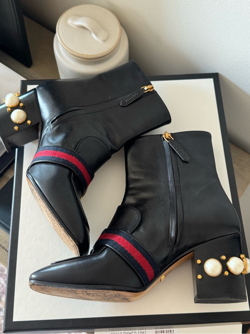 Gucci Black Leather Ankle Boots with Gold GG and Pearl Heel Accents - Picture 6 of 14